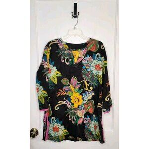 Kikisol Womens Bohemian Floral Tunic Top Size L Black Artsy Vacation Cotton